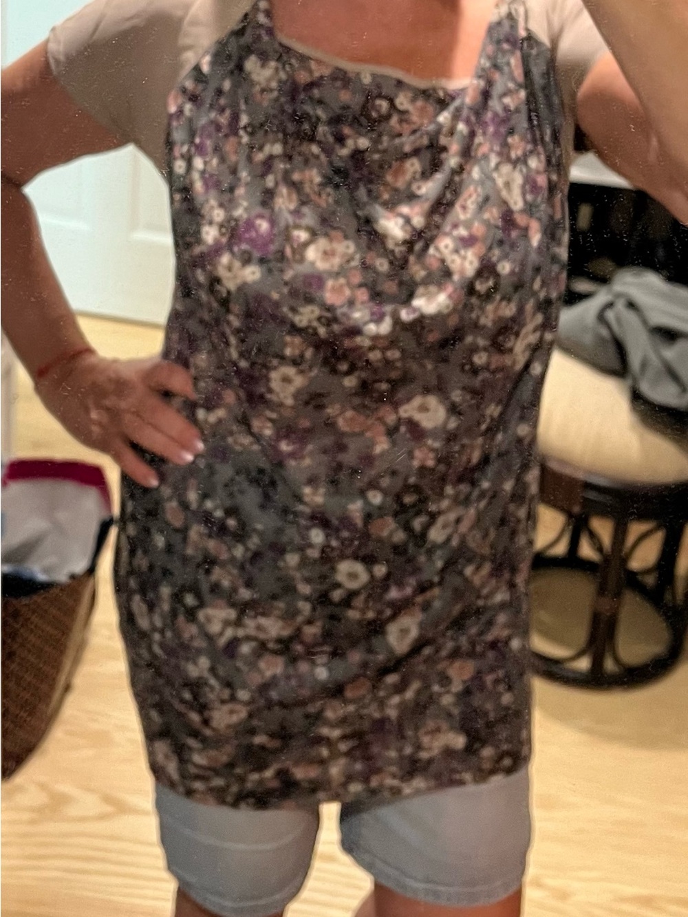 Anthropologie Floral Draped Cowl Sleeveless Tunic - Purple/Black/White